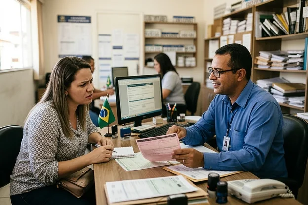 Profissional ajudando cliente sobre transferência de veículos.